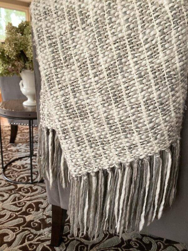 Cozy Gray Ivory Knit Throw with Fringe at Maison de Kristine