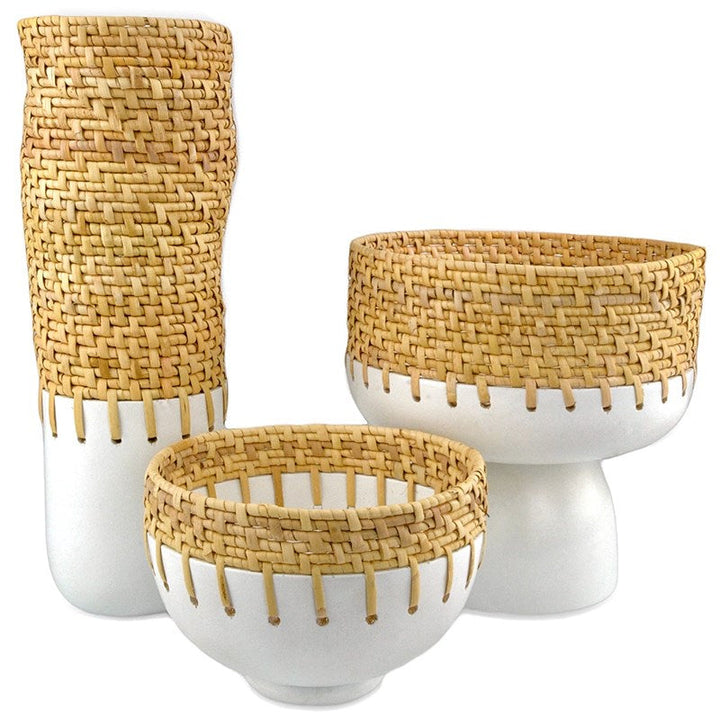 Kyoto Rattan & White Footed Bowl by Currey and Company