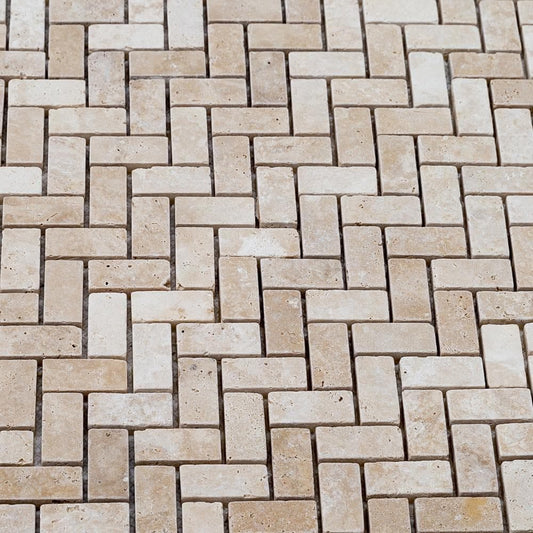 Medium Beige Travertine Tumbled Herringbone Mosaic Floor and Wall Tile - Livfloors Collection