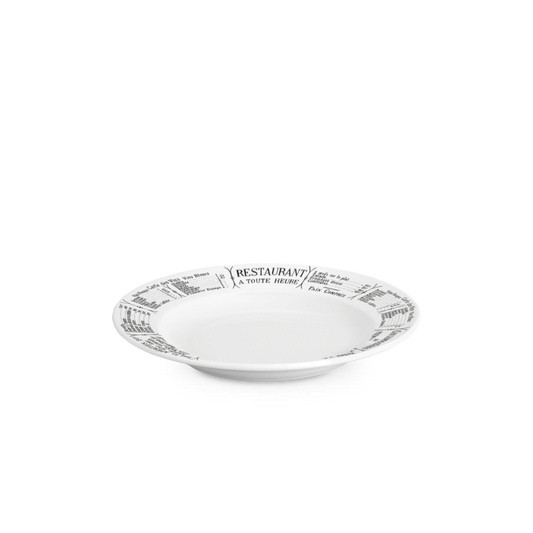 White ceramic plate with black text and design on a white background