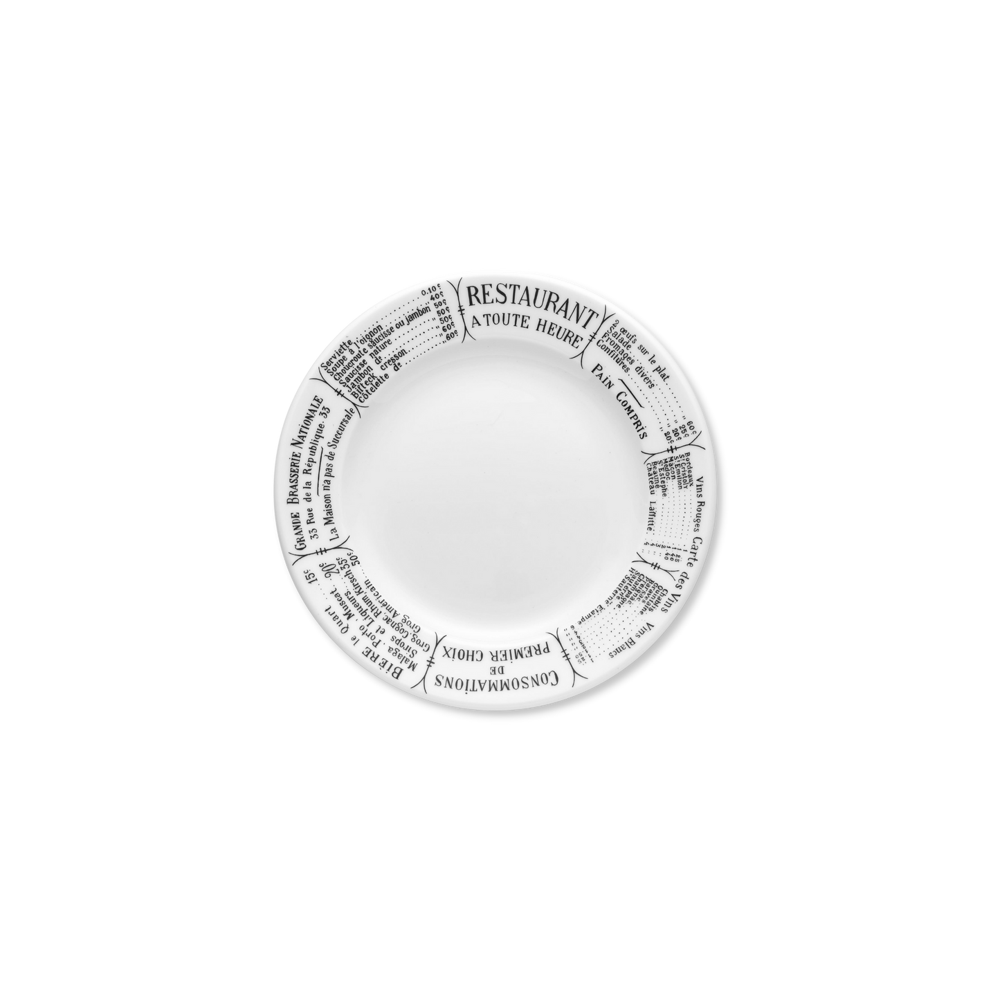 White plate with black text on a white background