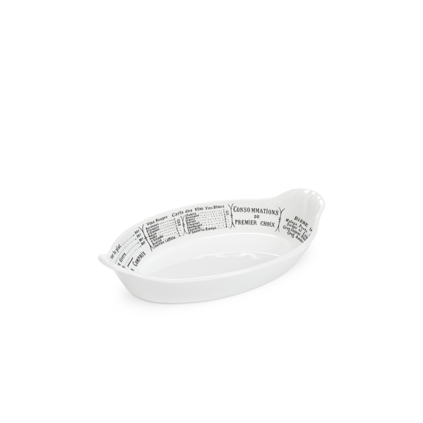 White ceramic boat-shaped dish with black text on a white background