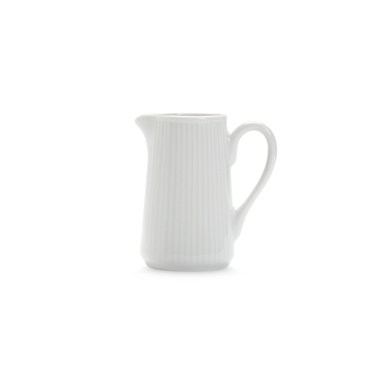 White ceramic pitcher with a handle on a white background