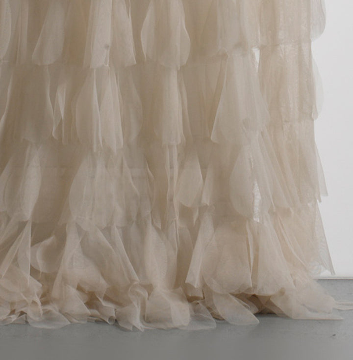 Chichi Ivory Cascading Tulle Petal with Silk Velvet Header Window Curtain 108"
