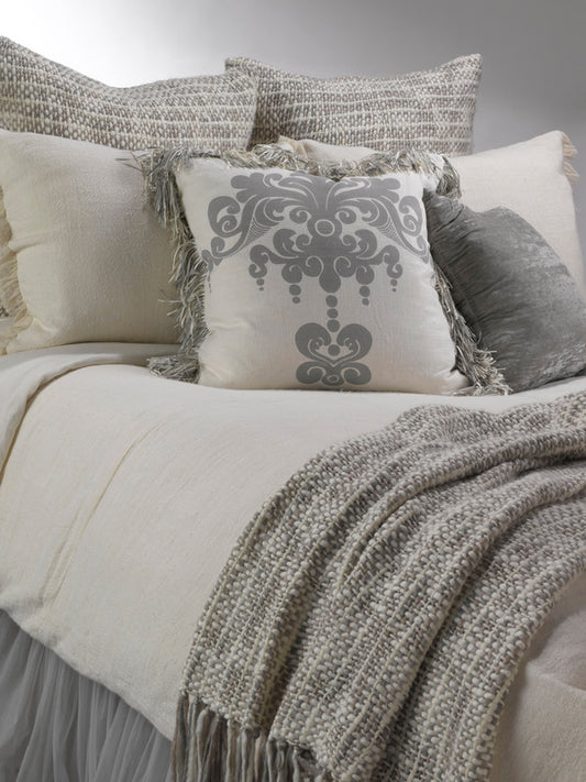 Enchantique Ivory/Grey Platinum Stonewashed Cotton Throw Pillow with Fringe 22" Sq