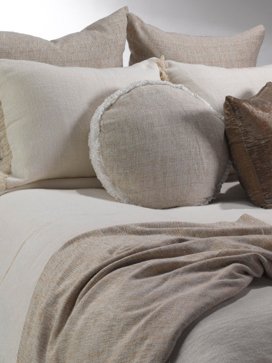 Heavenly Ivory/Grey/Taupe Woven Silk Round Decorative Pillow with Trim 20" DIa