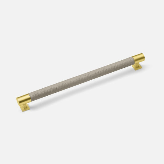 A large silver-colored metal pull handle for cabinets or drawers, with a minimalist design featuring a central wooden section.