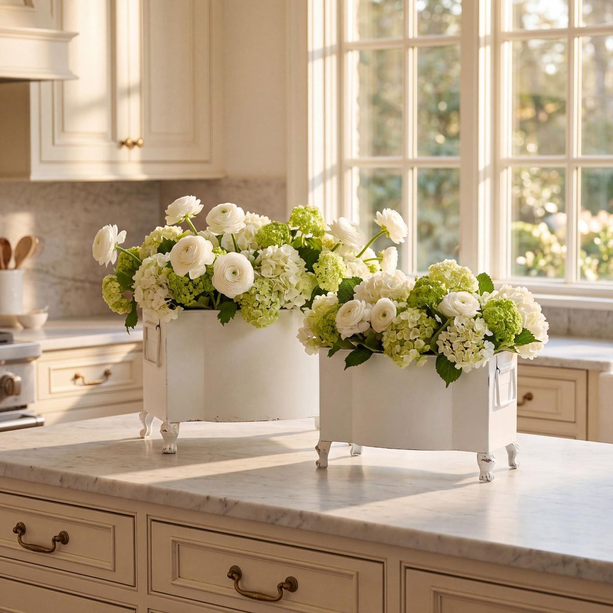Handsome Footed Metal Planter, Antiqued White, Set of 2