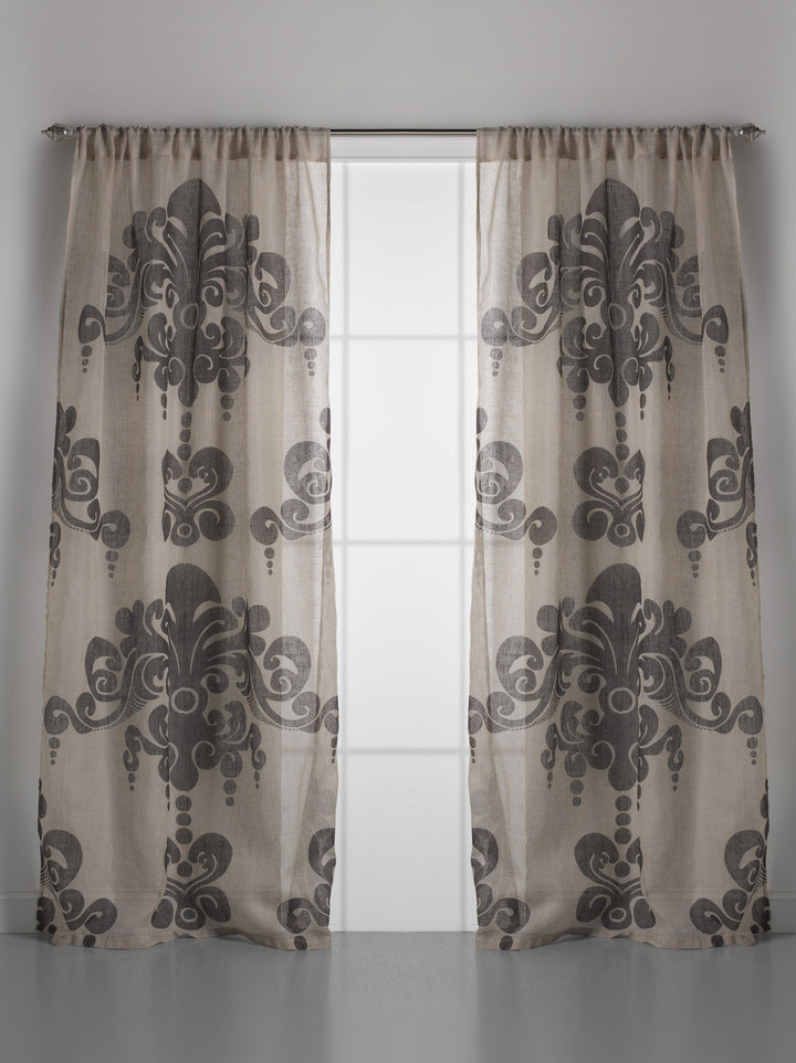 Enchantique Natural Tan Linen Gauze Semi Sheer Damask Window Curtain