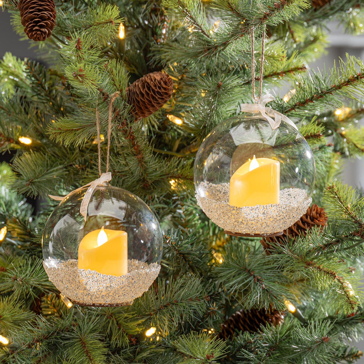 Lit Glass Ornament with Candle, Set of 2