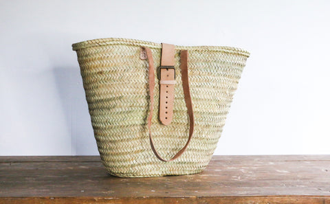 French Market Basket with Long Handles and Buckle Closure