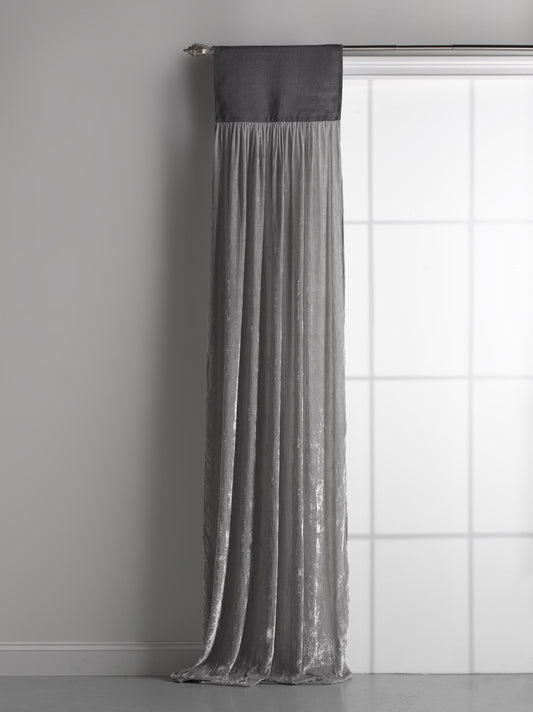 Luscious Grey Platinum Silk Velvet with Dark Grey Jute Header Window Curtain