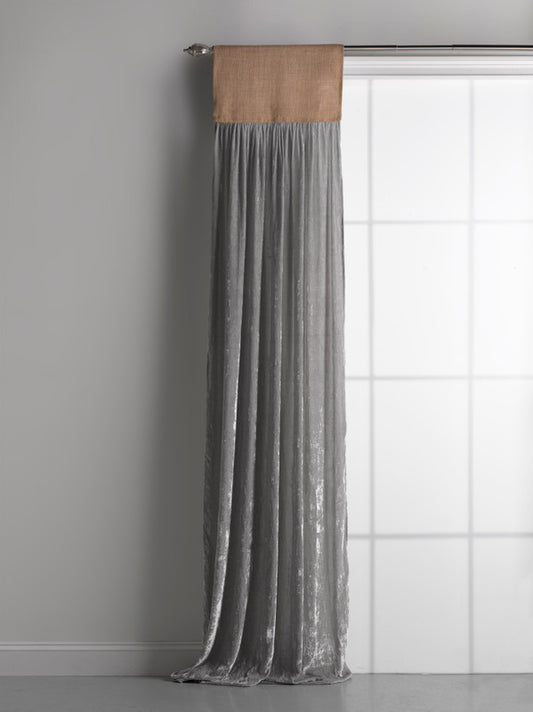 Platinum grey silk velvet drapes with a natural jute header—tailored, luminous, and lined. 96" long, 54" wide. Price per panel.Platinum grey silk velvet drapes with a natural jute header—tailored, luminous, and lined. 96" long, 54" wide. Price per panel.