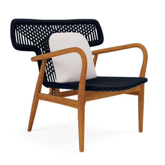 Chair with wooden frame and navy woven backrest and seat on a white background