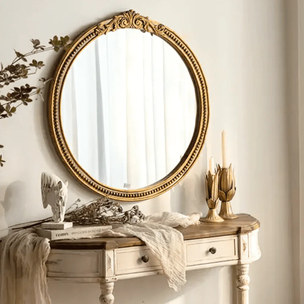 Marais Mirror, Round: French Gilt Gold Mirror with Elegant Details