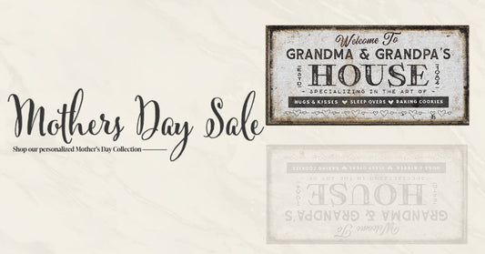 Advertisement for a Mother's Day sale with vintage-style signs on a beige background.