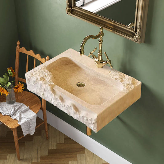 Beige Travertine Rectangular Wall-mount Bathroom Sink Rustic (W)16" (L)24" (H)5"