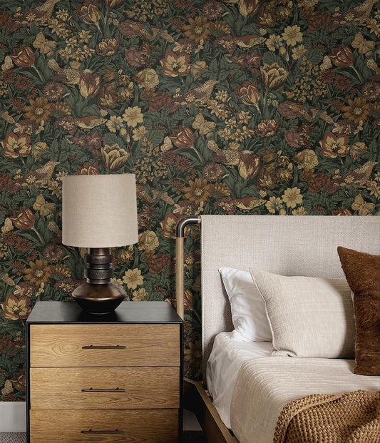 Bird Floral Vintage Prepasted Wallpaper