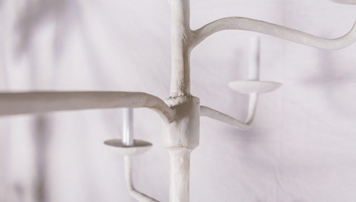 Contemporary Plaster Iron Chandelier by Tara Shaw close up of chandelier iron frame connections with white paint