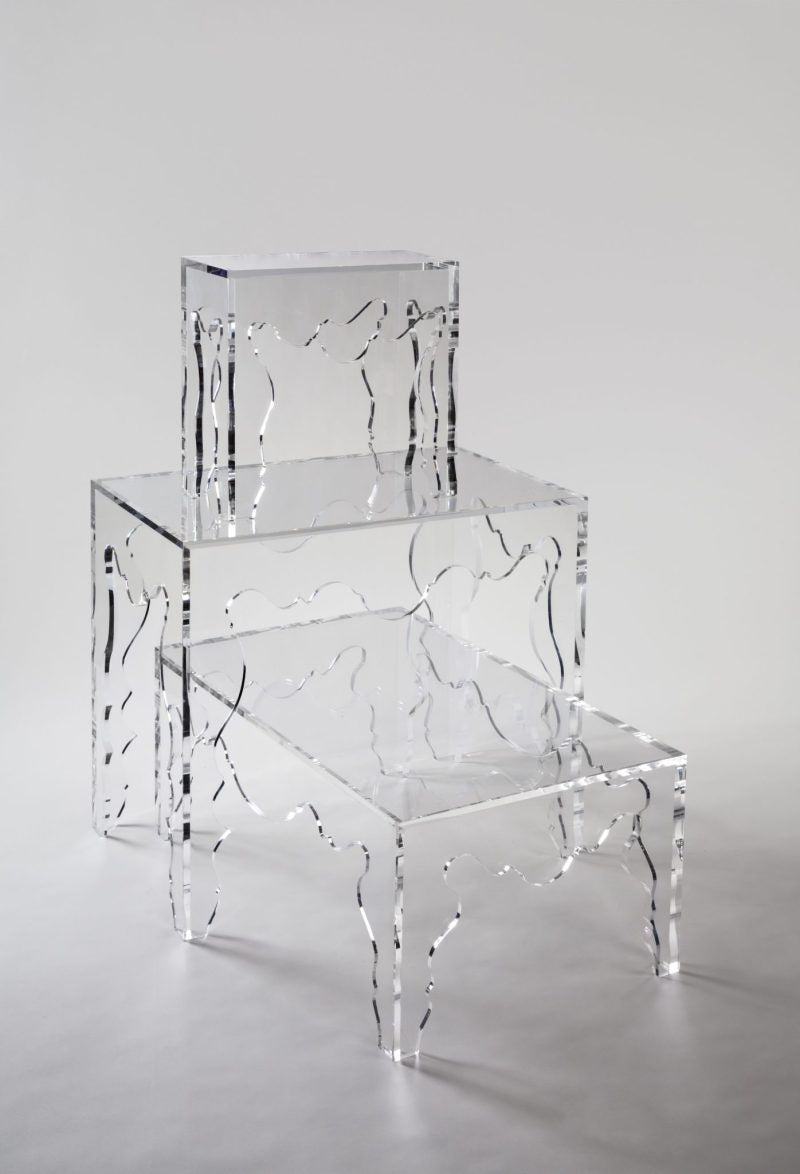Contemporary Rococo Coffee Table in Acrylic by Tara Shaw with two other size tables