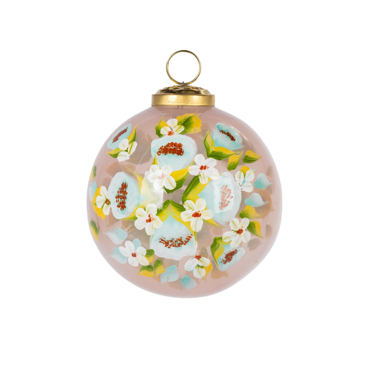 4" Translucent Pink Glass Ornament w/ Floral Design