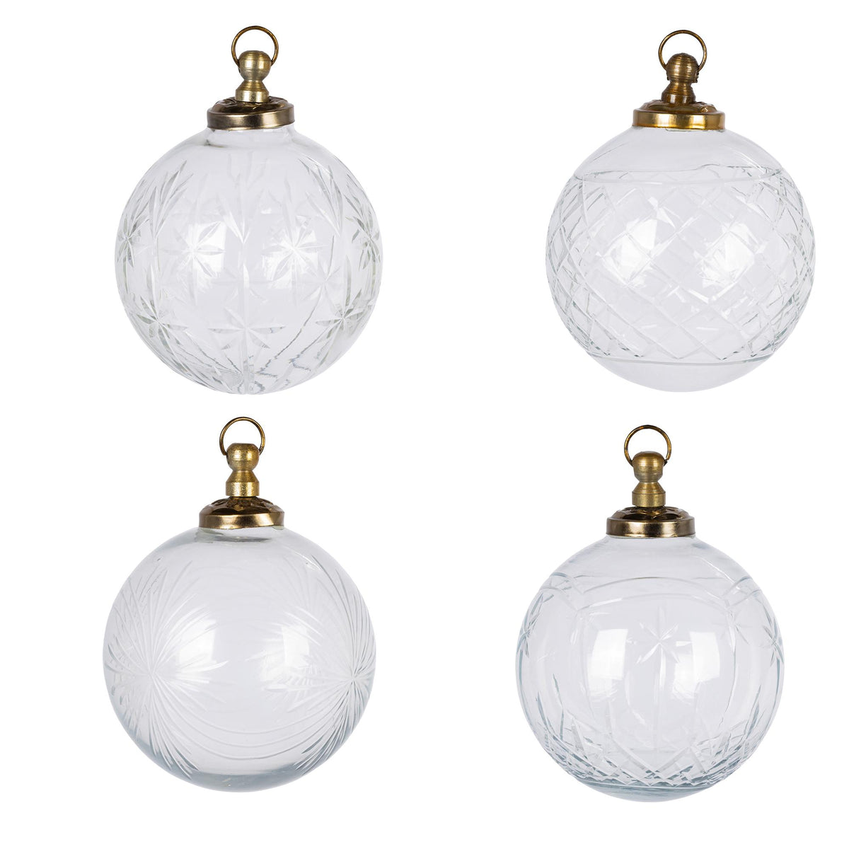 4" Clear Glass Etched Ornaments, Boxed Set of 4