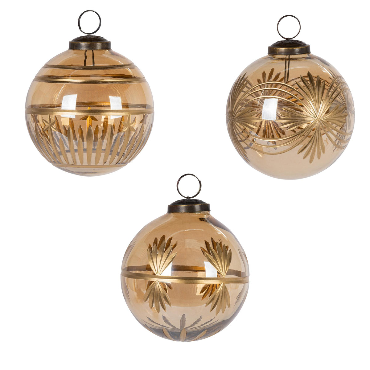 4" Cut Glass Amber Colored Ornaments, 3 Asst
