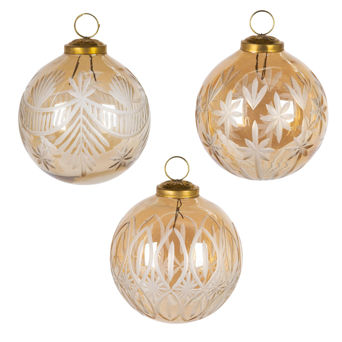 4" Cut Glass Amber Colored Ornaments, 3 Asst