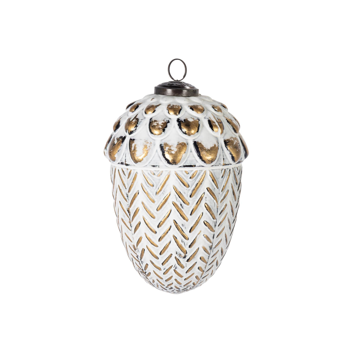 Antique White Washed Gold Glass Acorn Ornament, 6.5"H