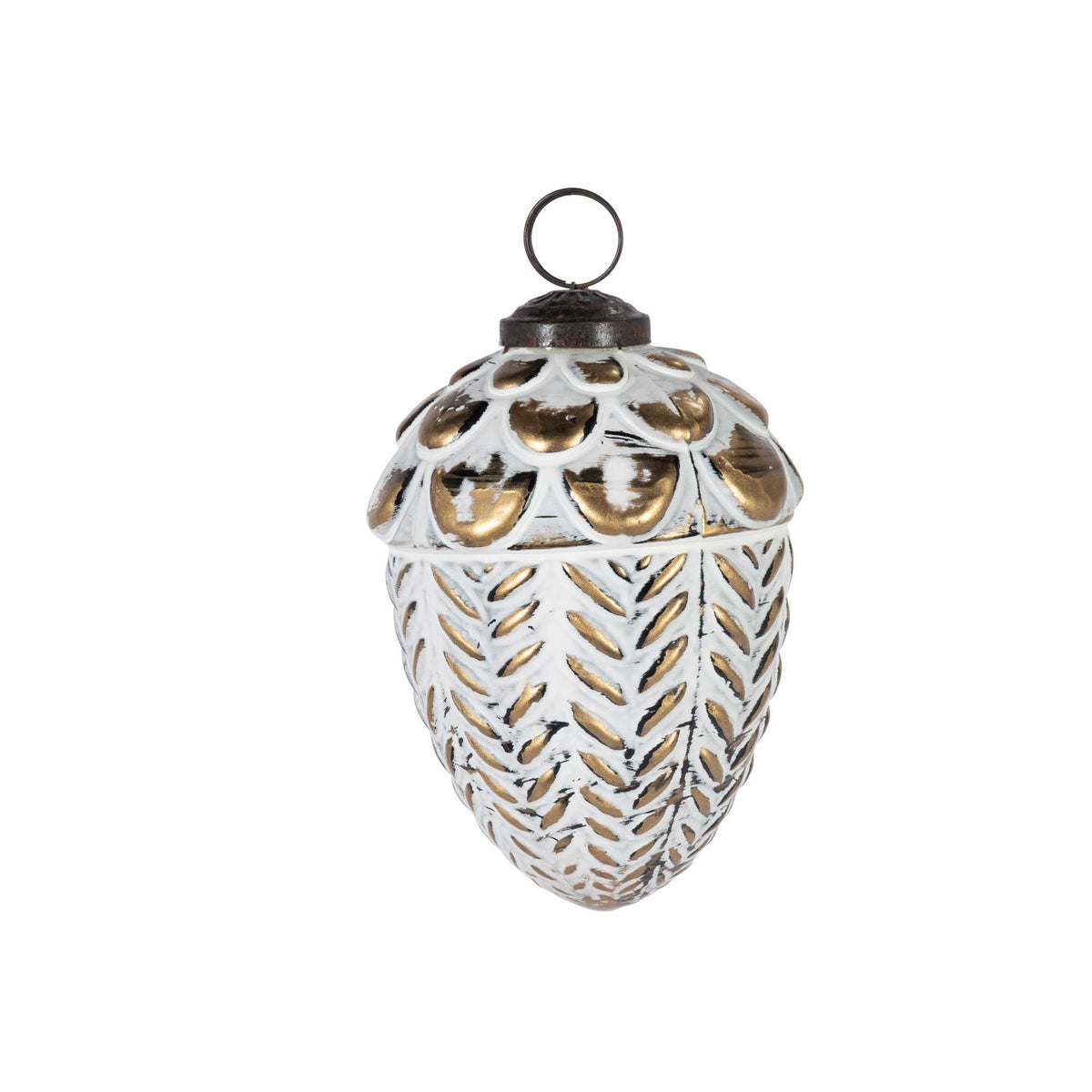 Antique White Washed Gold Glass Acorn Ornament, 4.3"H