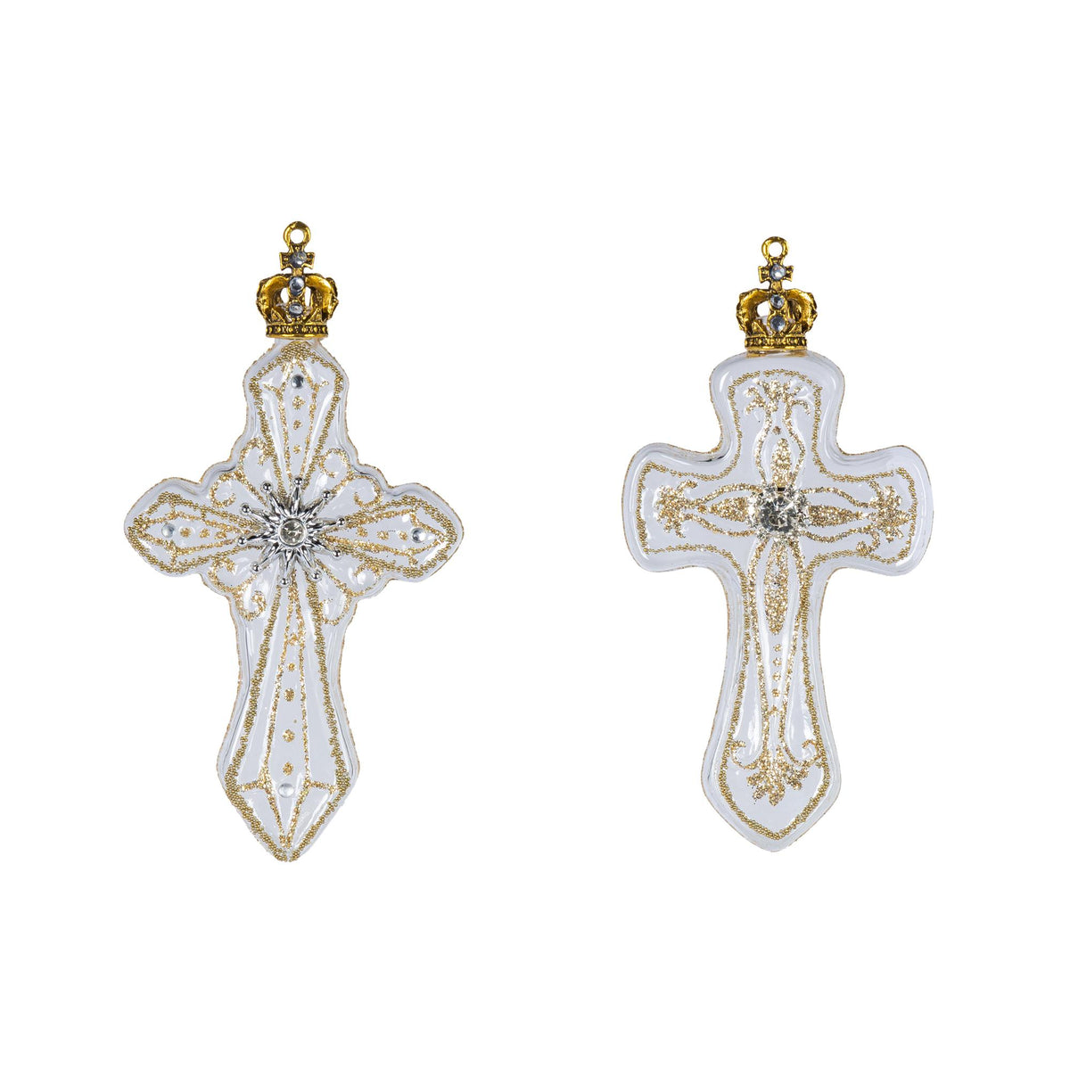4.8" Glass Cross with Crown Ornament, 2 Asst