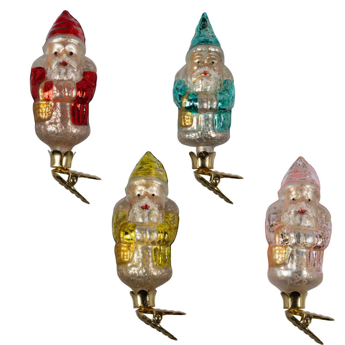 Vintage Look Glass Santa Clip Ornaments, Boxed Set of 4, 4.5"H