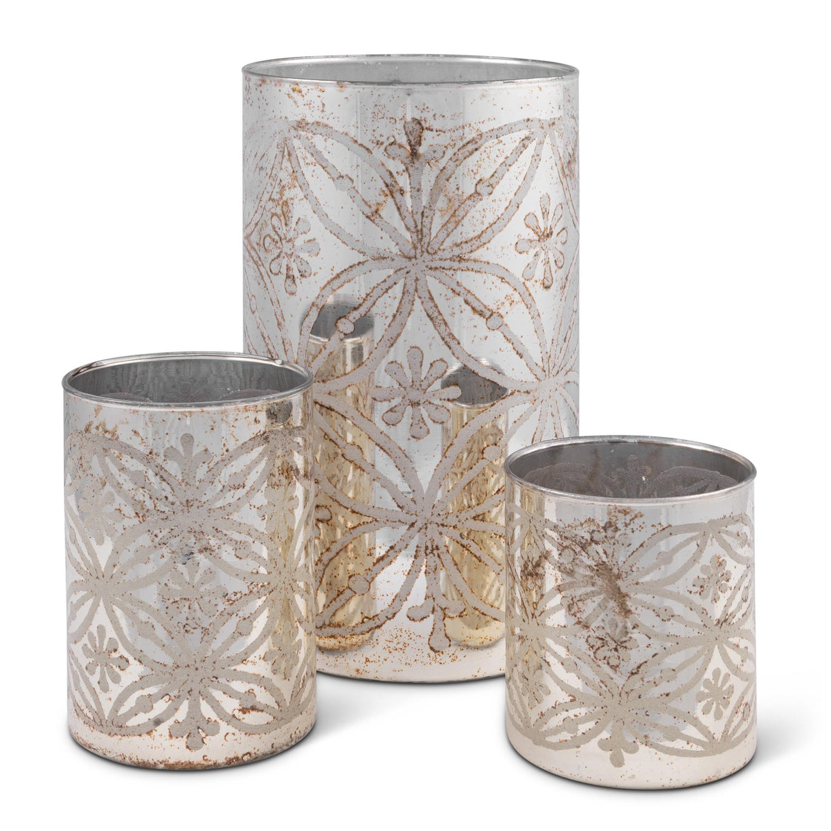 Antique Mercury Glass Candle Holder, Set of 3, Lg is 10"H