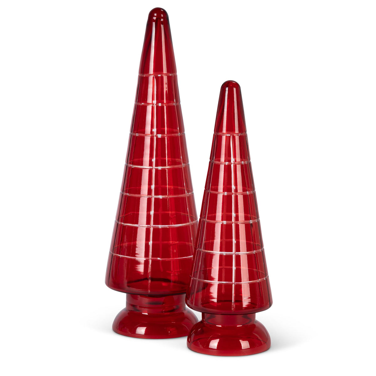Red Etched Glass Tabletop Trees, Set of 2, Lg is 15"H