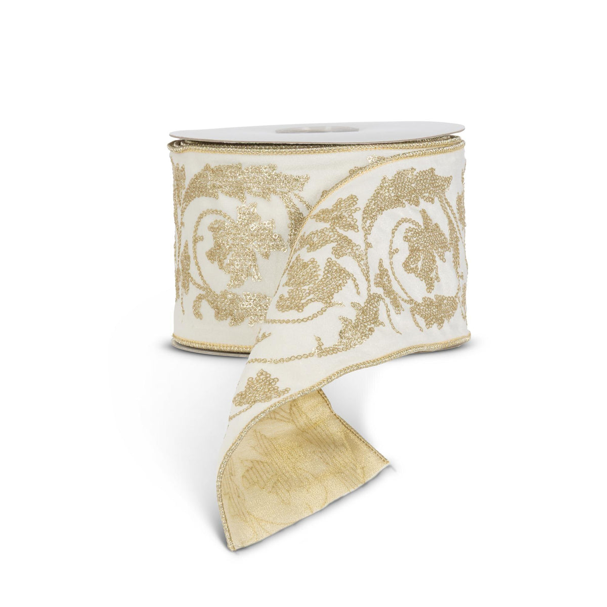 White with Gold Sequin Embroidered Velvet Ribbon, 10 Yards, 4"W