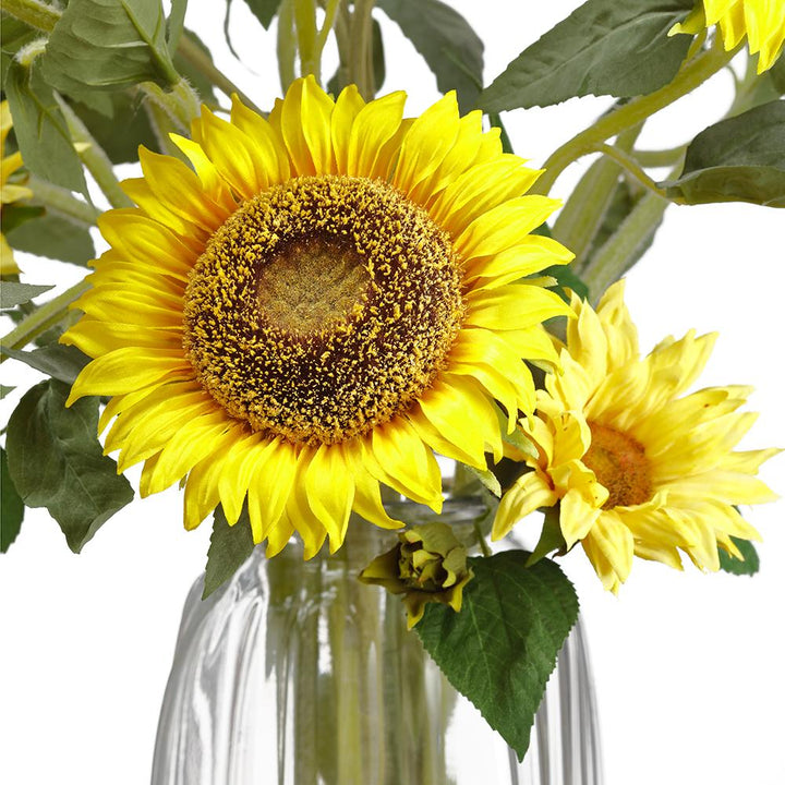 Artificial Faux Sunflower Bouquet in Glass Vase close up of sunflower
