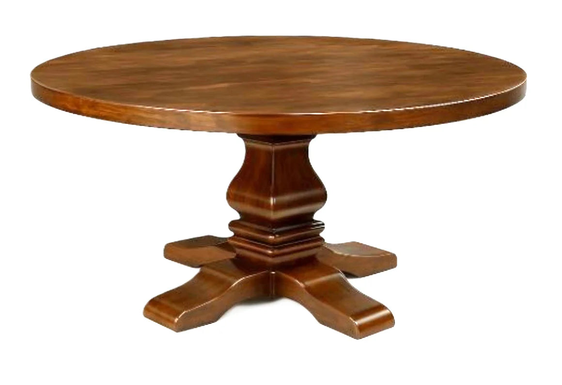 Wooden round table with a pedestal base on a white background