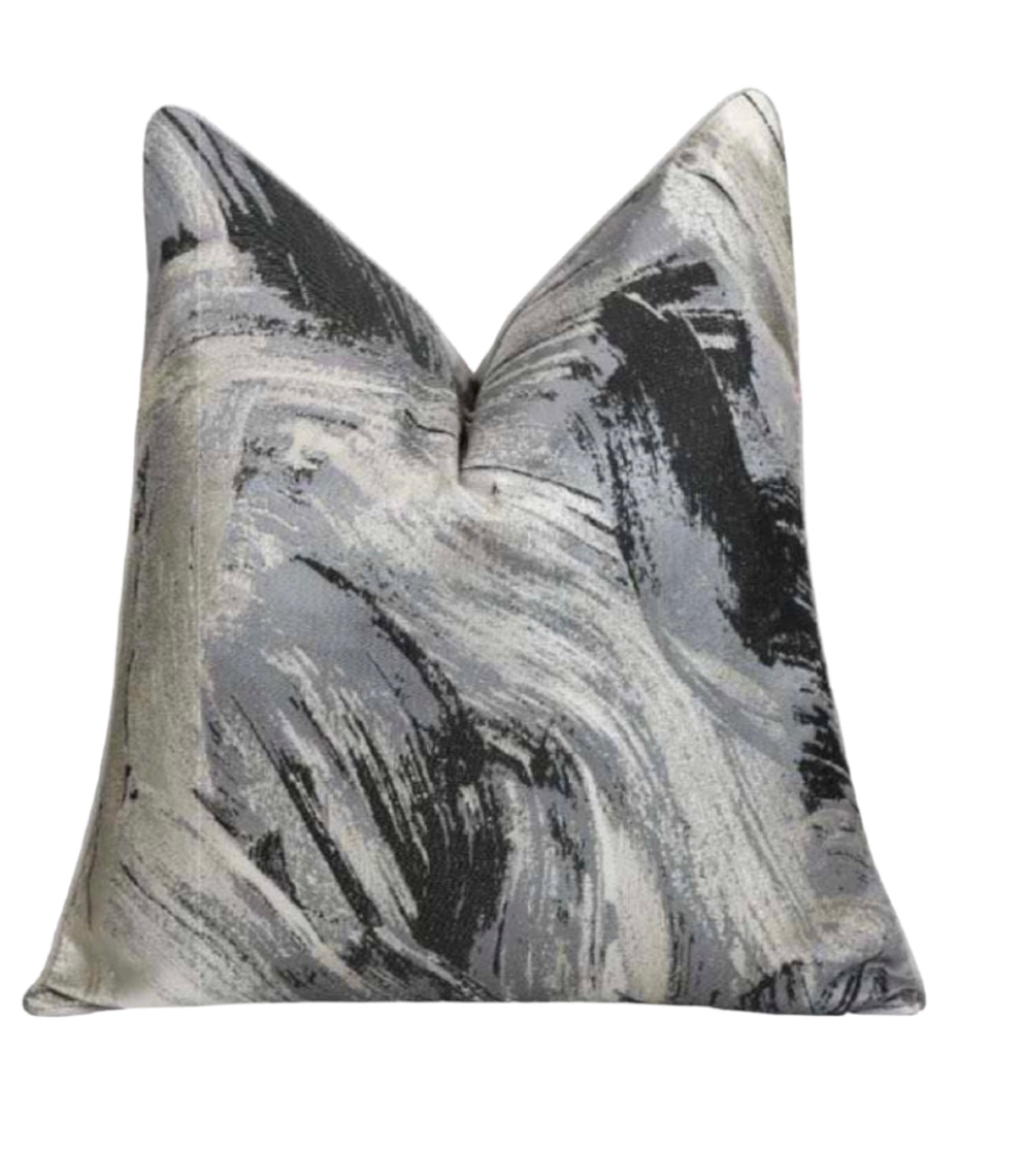 Decorative throw pillow with abstract black and gray pattern on a white background