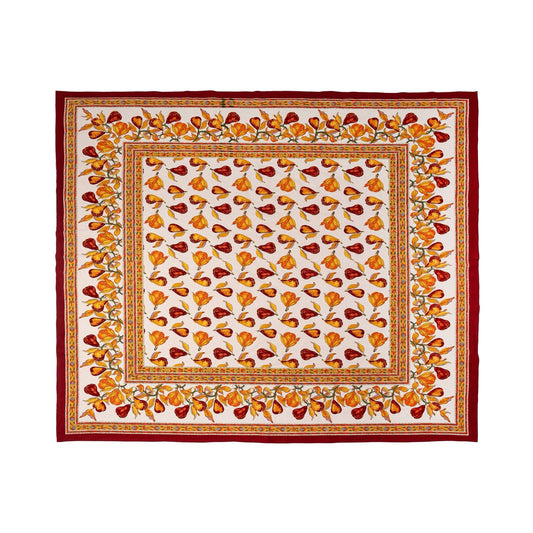 Decorative tablecloth with autumn leaf pattern on a white background