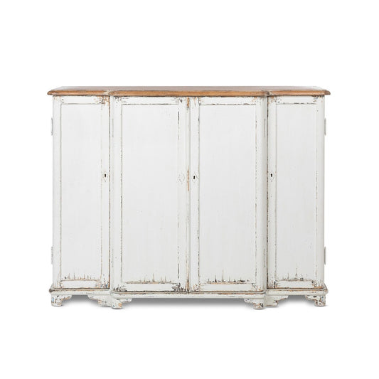 White distressed sideboard with wooden top on a white background