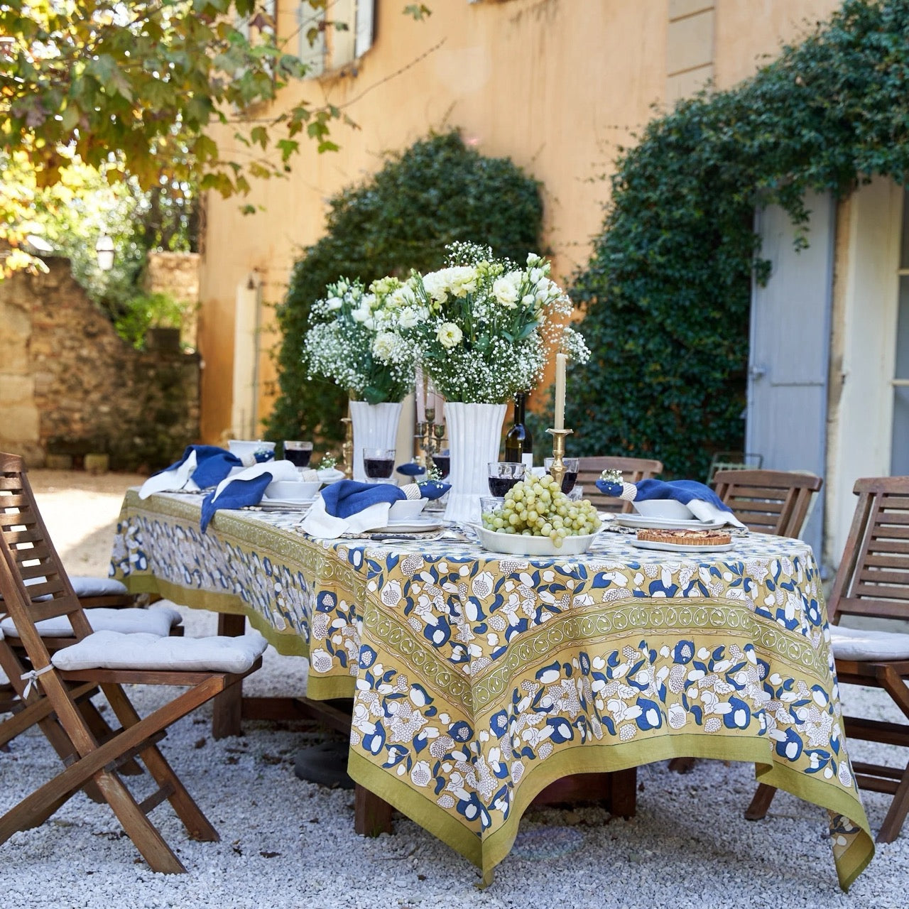 French Tablecloth Forest Harvest Mustard & Blue – Maison de Kristine
