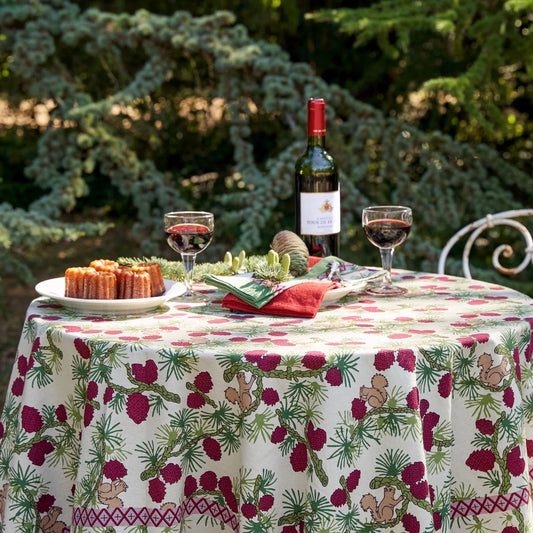 French Tablecloth Squirrel & Pinecone Red & Brown