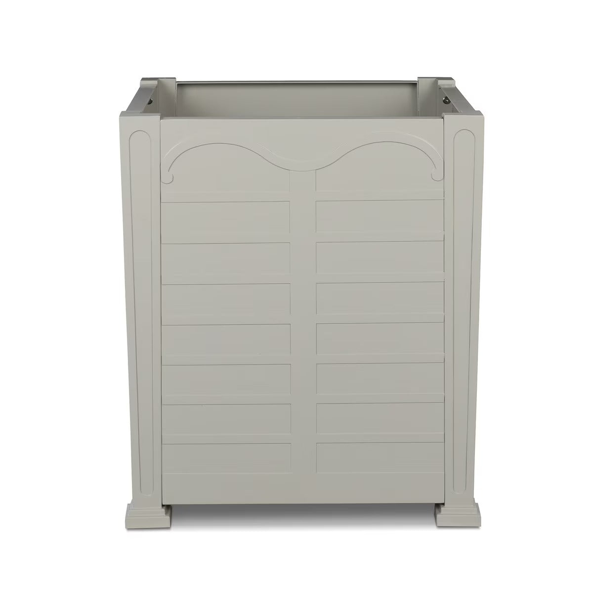 Gray rectangular planter box with decorative top on a white background