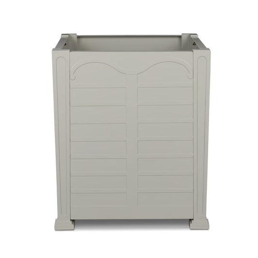 Gray rectangular planter box with decorative top on a white background
