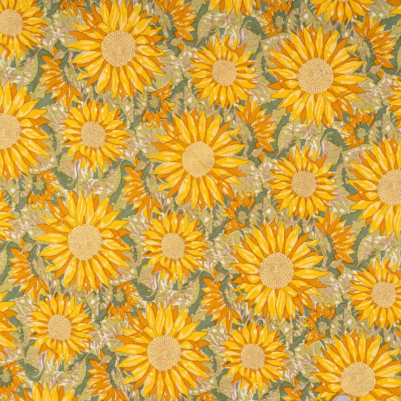 Pattern of yellow sunflowers on a green background