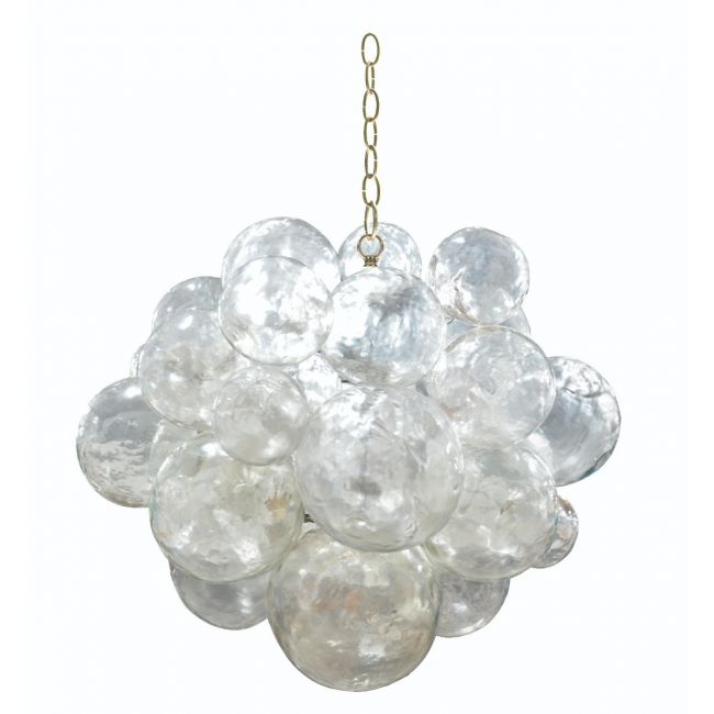 Clear glass bubble chandelier hanging against a white background