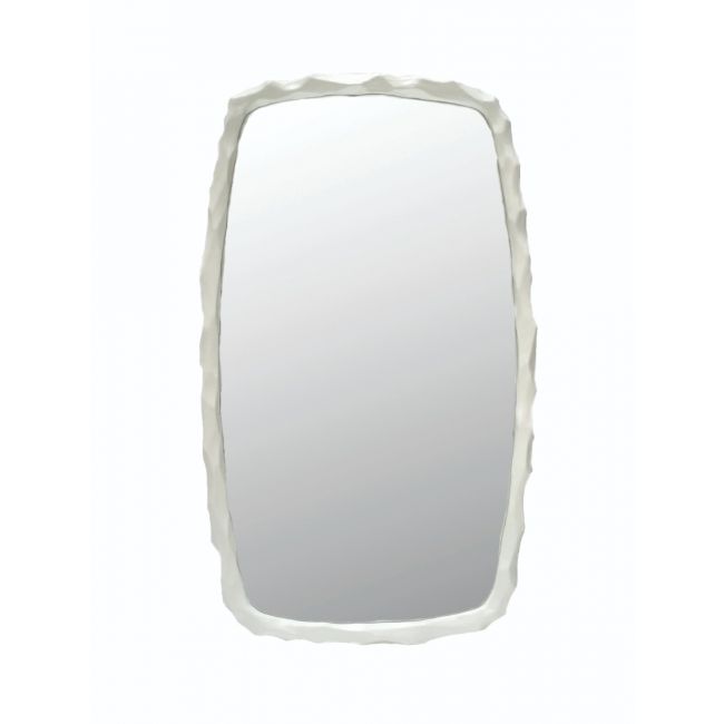 Rectangular mirror with a decorative white frame on a white background