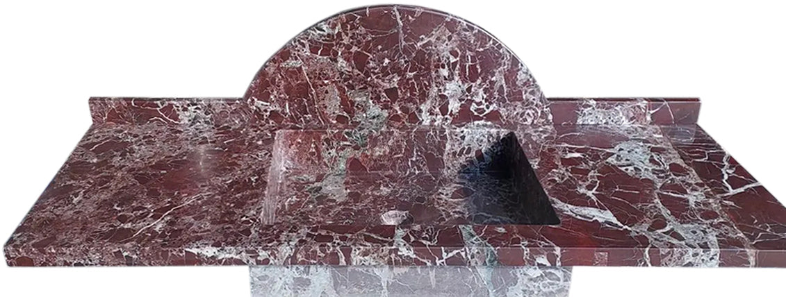 Marble countertop with a red and white pattern on a white background