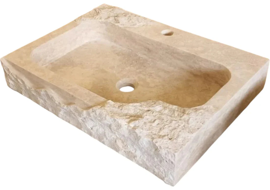 Beige Travertine Rectangular Wall-mount Bathroom Sink Rustic (W)16" (L)24" (H)5"