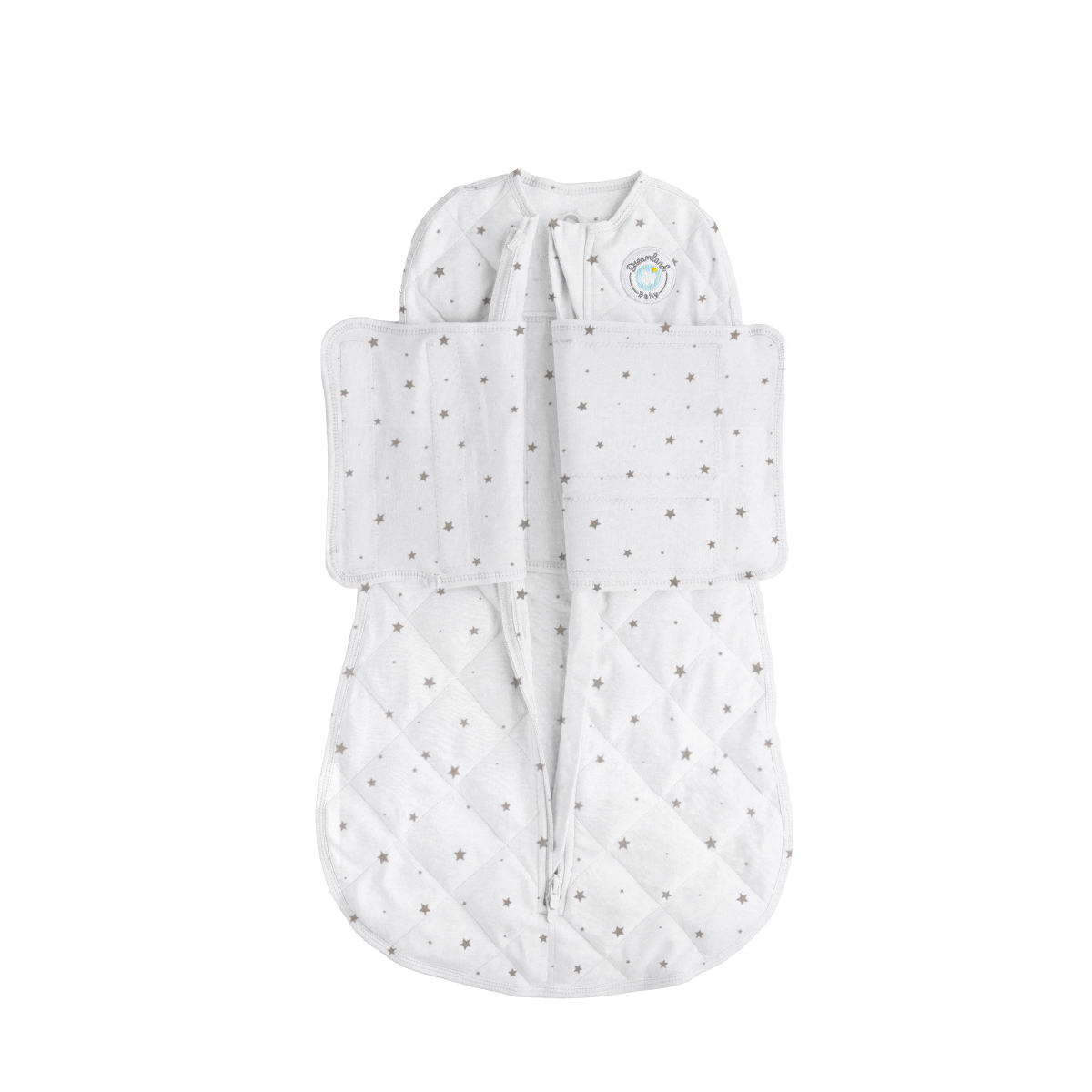 White baby sleeping bag with gray star pattern on a white background